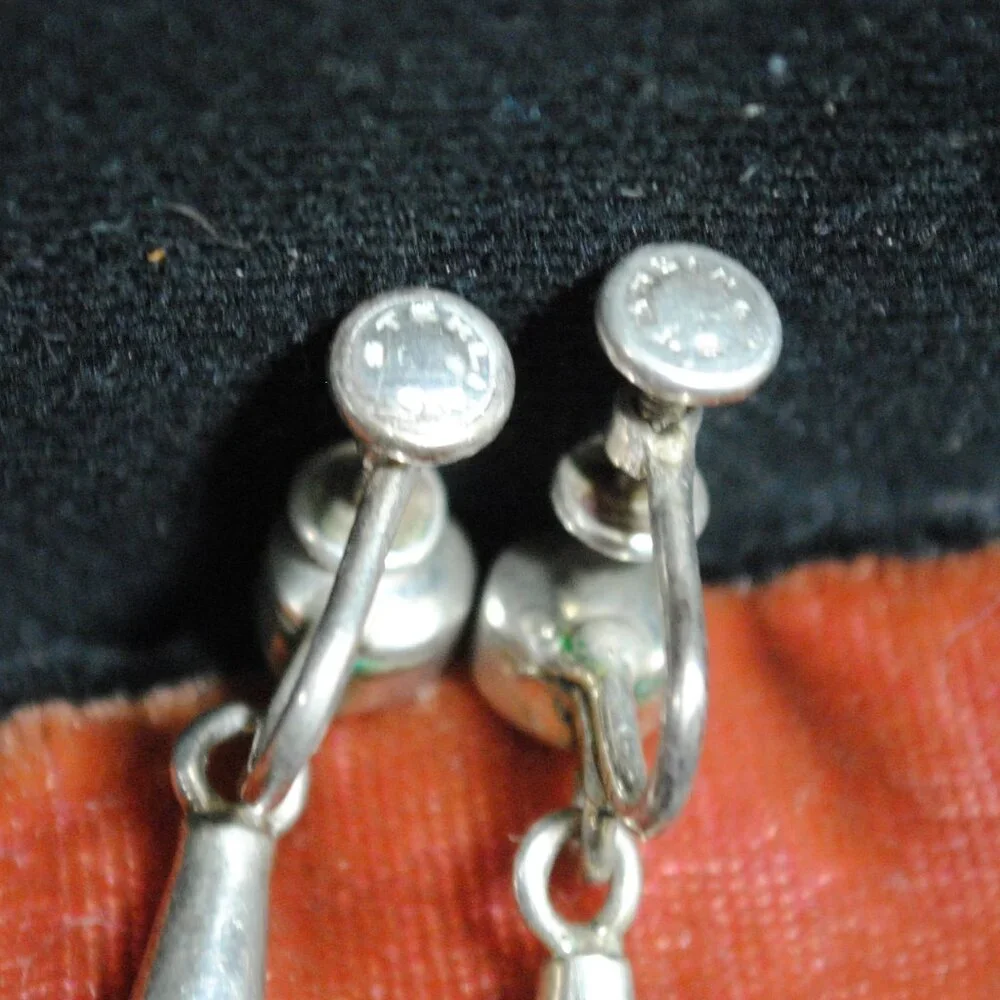 Vintage Sterling Silver Drop Screw-back Flower Earrings with Black Plastic